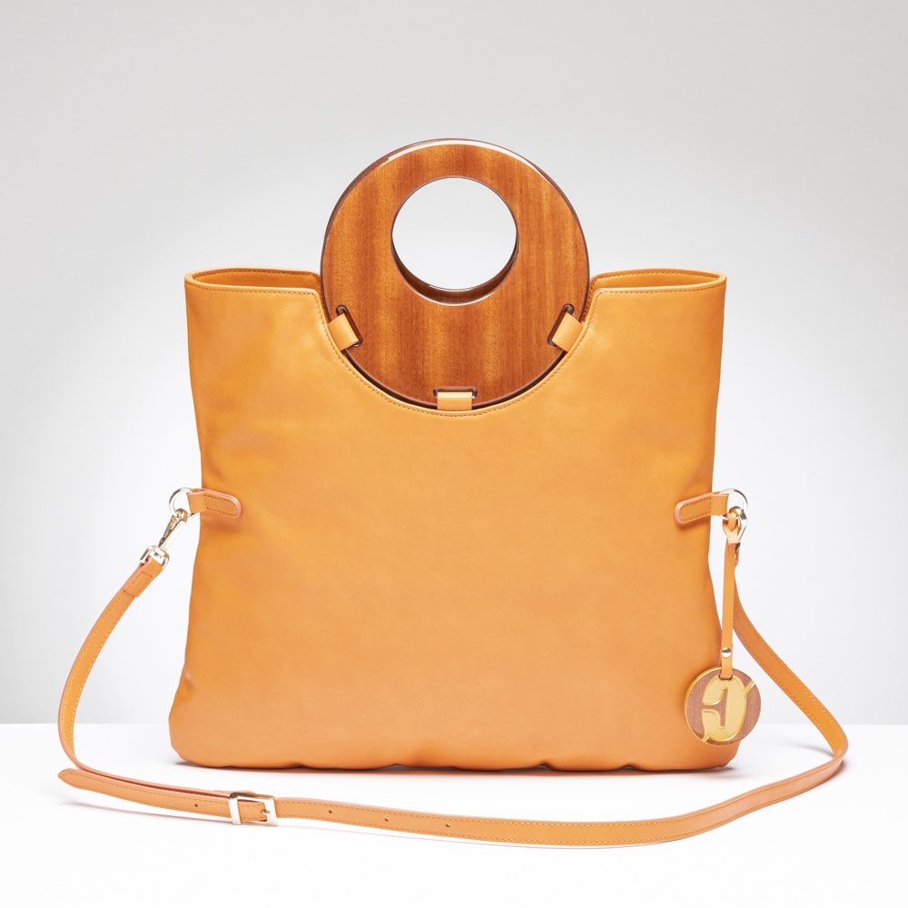 Borsa Lucrezia Oswaldo Filipponi in pelle azzurra con manico in legno pregiato
