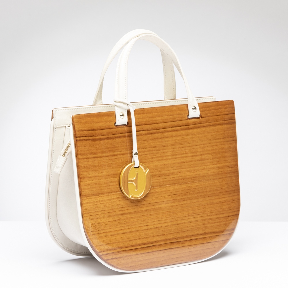 Borsa Giada Oswaldo Filipponi in legno e pelle chiara per alta moda e lusso